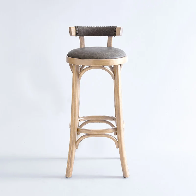 Traditional Vintage Round Rubberwood PU Leather Bar Stool Backrest Armless For Dining Room