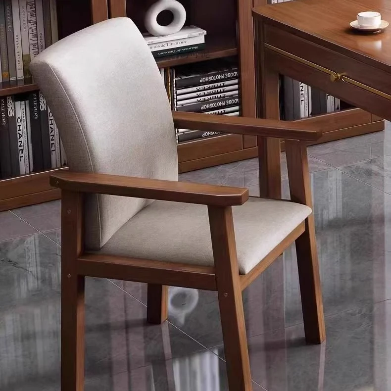 Contemporary Scandinavian Cotton Linen Rubberwood Tilted Rounded Square Desk Chair With Backrest & Armrest For Home Office