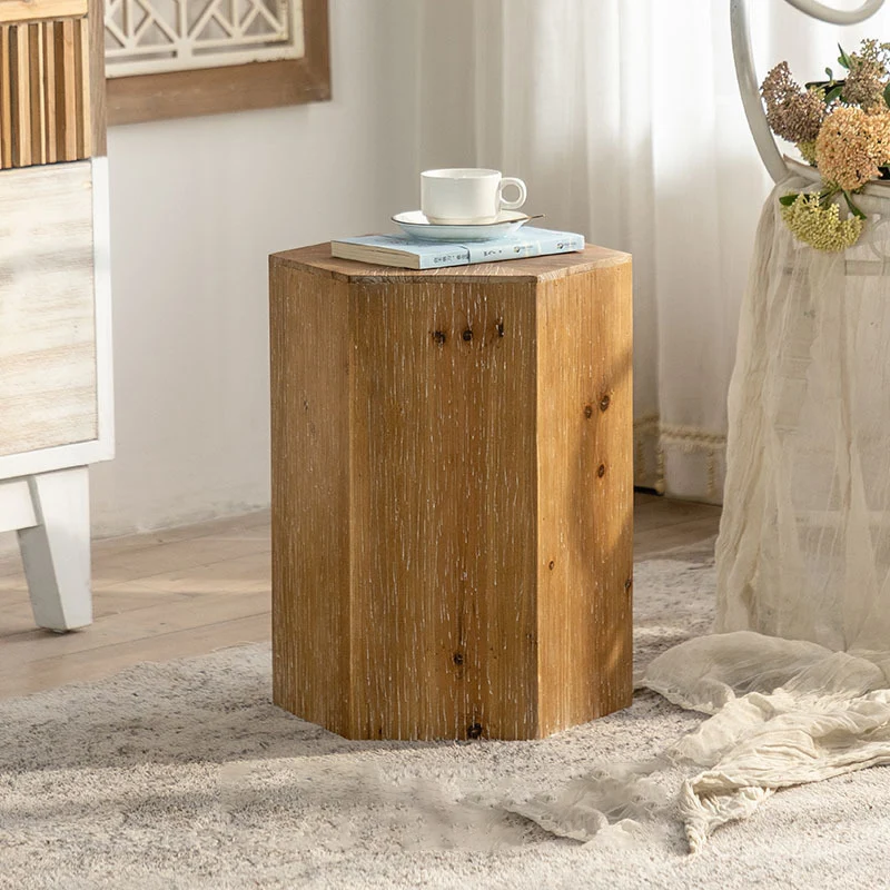 Traditional Vintage Hexagonal Cedar Wood End Table With Non-Slip Feet Medium Density Fiberboard Base For Living Room