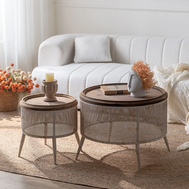 Traditional Vintage Round Pine Wood Iron Openwork End Table 4-Leg Non-Slip Pads For Living Room