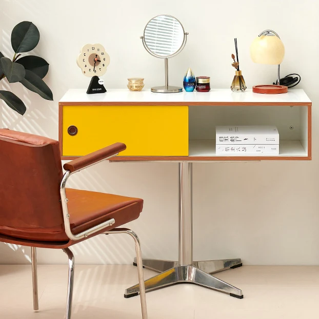 Modern Minimalist Rectangular Medium Density Fiberboard Plastic Stainless Steel Makeup Vanity 2-Drawer For Bedroom