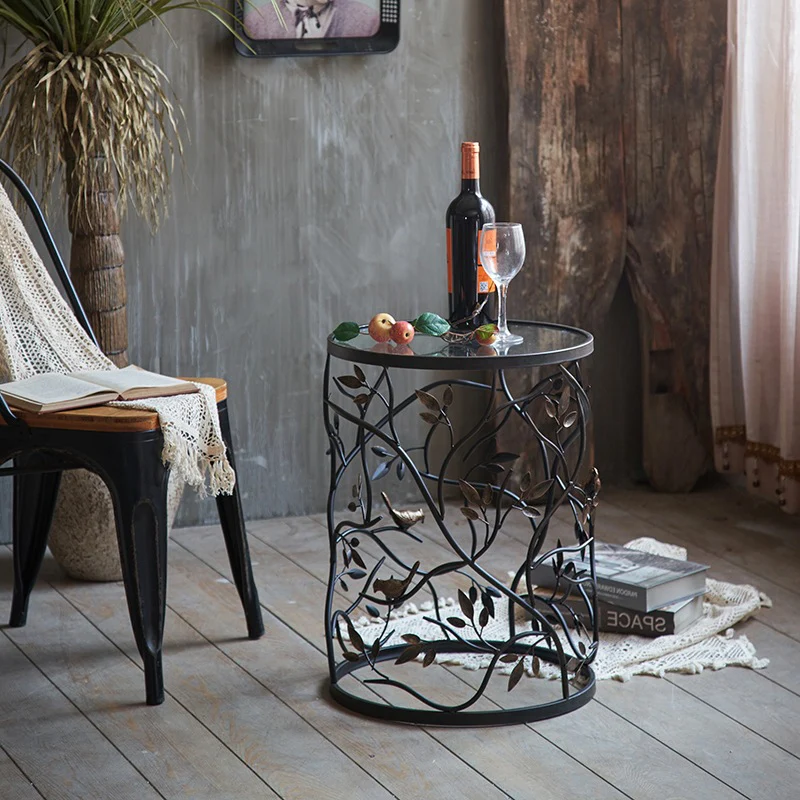 Traditional Vintage Cylindrical Leaf Design Openwork Wrought Iron Glass End Table For Living Room
