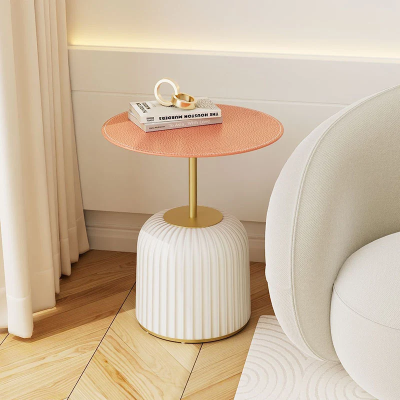 Contemporary Nordic Cylindrical Round PU Leather Glass Metal End Table 1-Tier For Living Room
