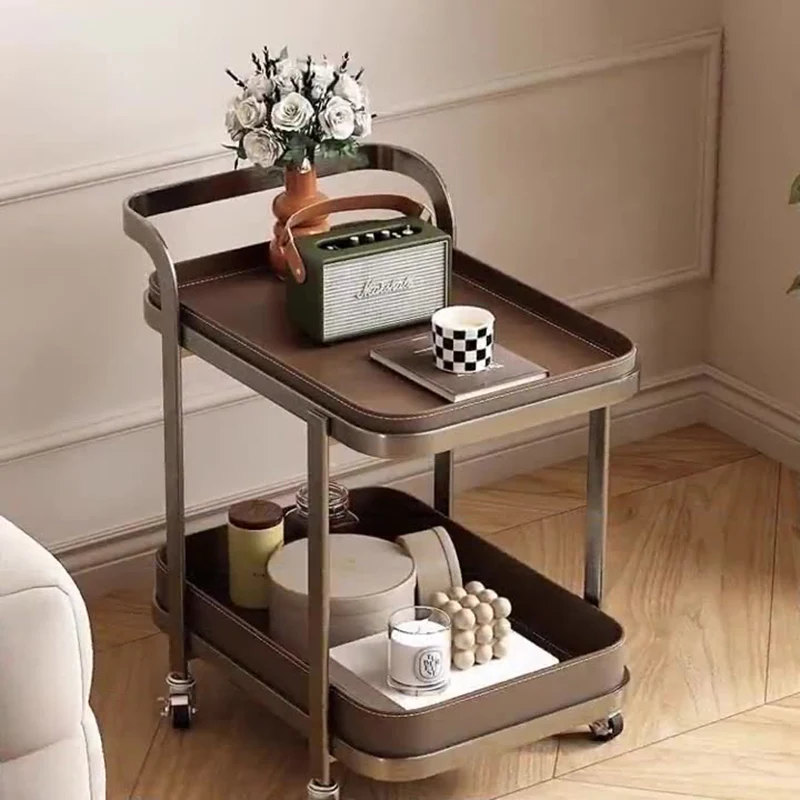 Contemporary Luxury Movable Rectangular Carbon Steel Saddle-Style Faux Leather End Table 2-Tier For Living Room