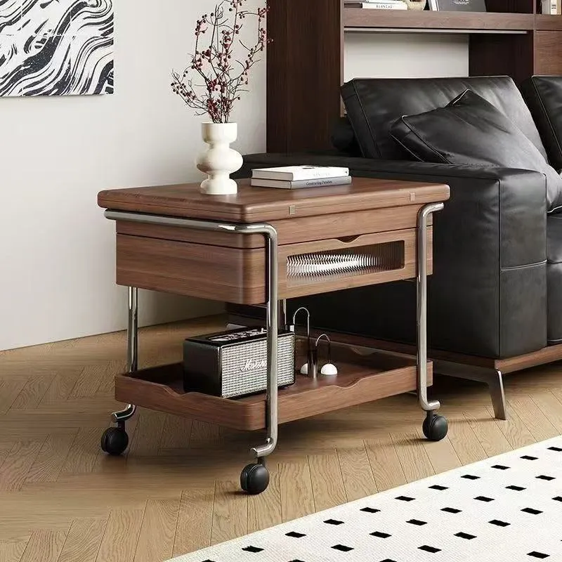 Traditional Vintage Wood Stainless Steel Acrylic Rounded Rectangular Side Table 2-Tier For Living Room