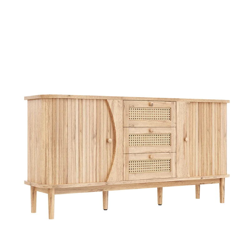 Buffet effet bois naturel 2 portes colissantes 3 tiroirs en rotin CEDARCREST