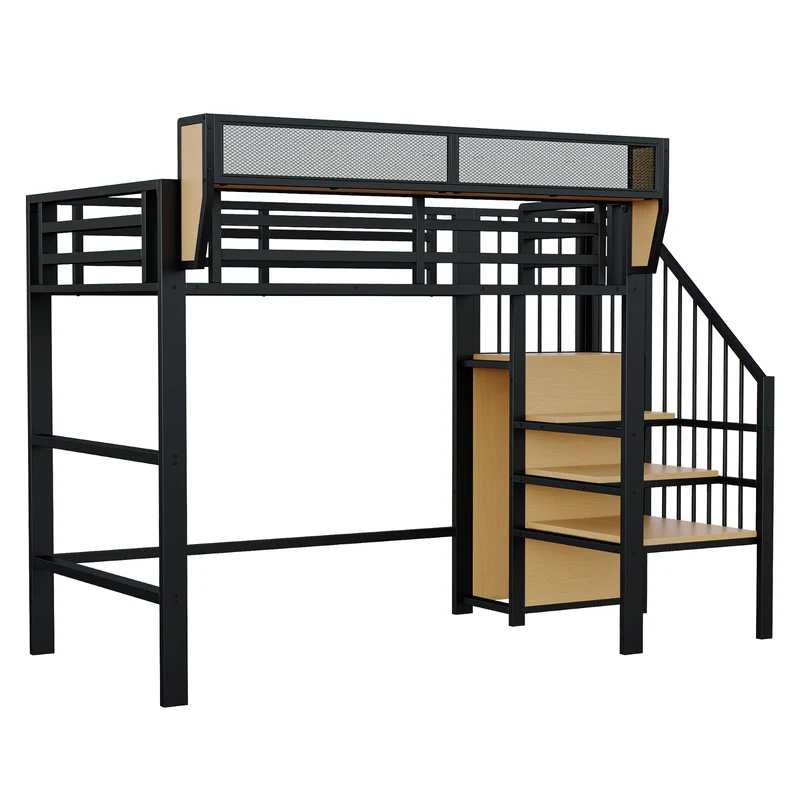 Lit mezzanine métal noir avec étagères, penderie et escalier 90*200 ZADUL