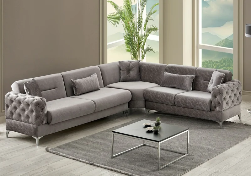Canapé d’angle capitonné velours gris – Bosna