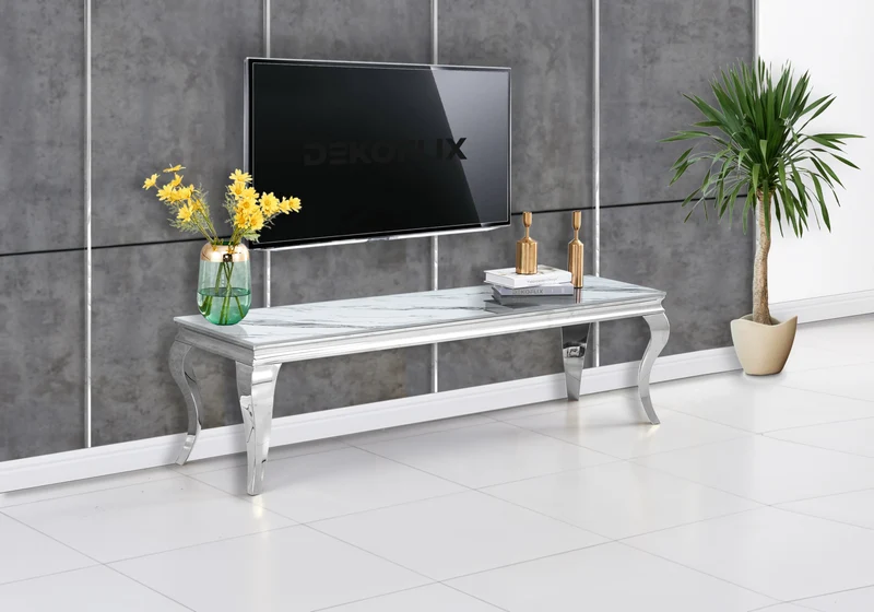 Meuble TV marbre blanc design argent - Neo