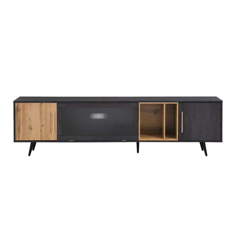 Meuble TV gris et verre ondulé avec 3 portes battants niche ouvert rangement 200 x 40 COVUNS