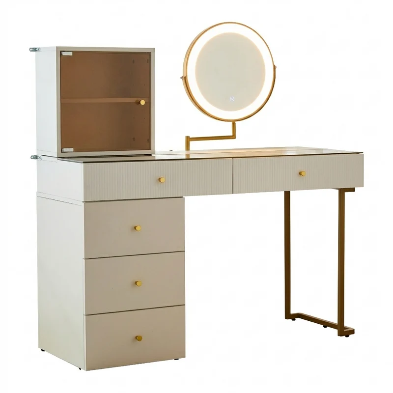Coiffeuse blanche avec mirror éclairé LED vitre verre trempé teinté ALUMINUMSCREEN