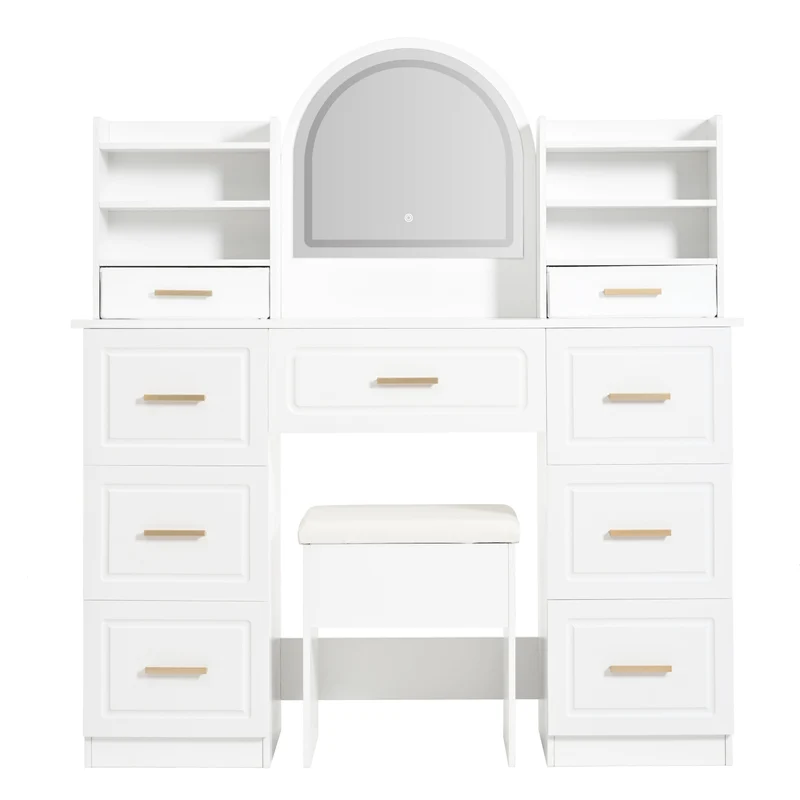 Coiffeuse blanche grande avec miroir LED, 9 tiroirs et tabouret blanc ALUMINUMSOFA