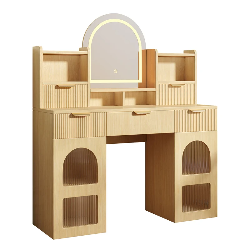 Coiffeuse effet bois naturel avec LED, miroir, 3 tiroirs & 2 vitrines 120x40x139,5cm RUBYRIDGE