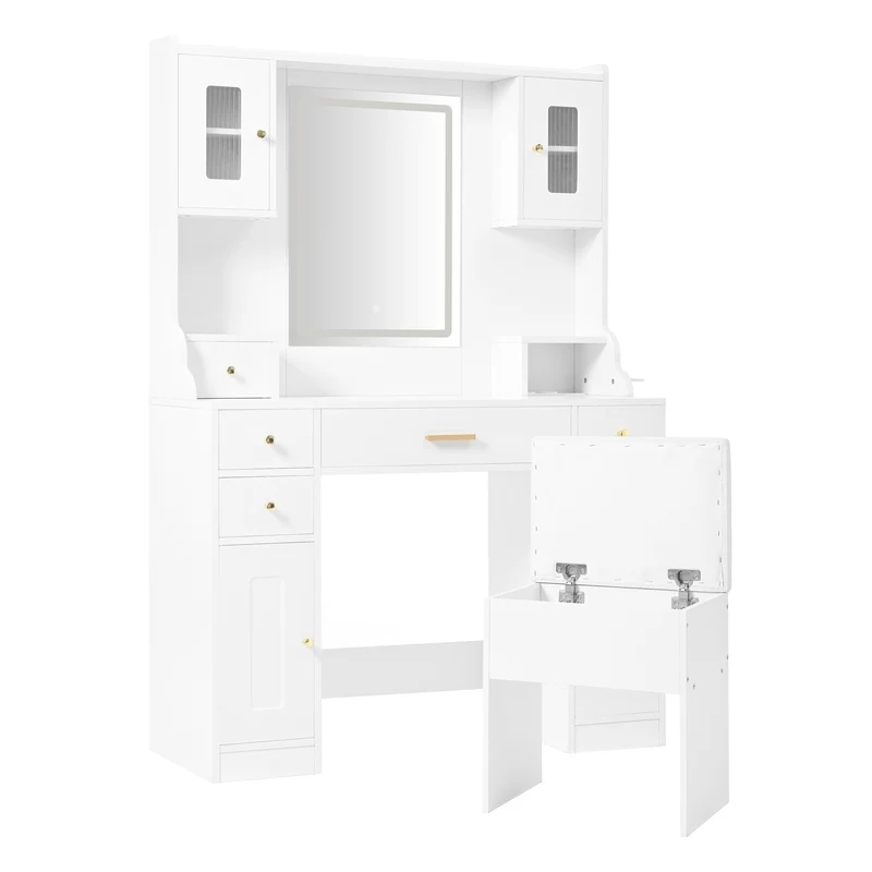 Coiffeuse blanche avec miroir LED réglable, 6 tiroirs, 4 portes et prises intégrées 105x152x40cm ALUMINUMSHELF