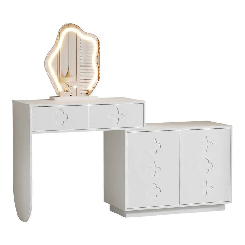 Coiffeuse blanche et armoire avec miroir LED 2 tiroirs et 4 étagères 160x40x132 cm ADJUSTBAR