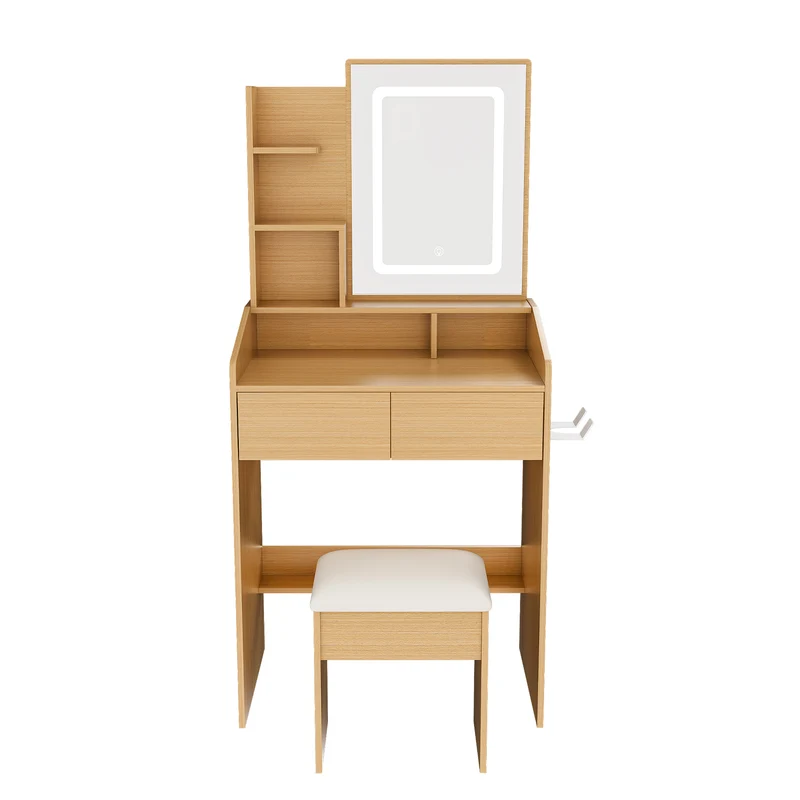 Coiffeuse effet bois avec miroir LED, prise et tabouret rembourré ALUMINUMBOOKCASE