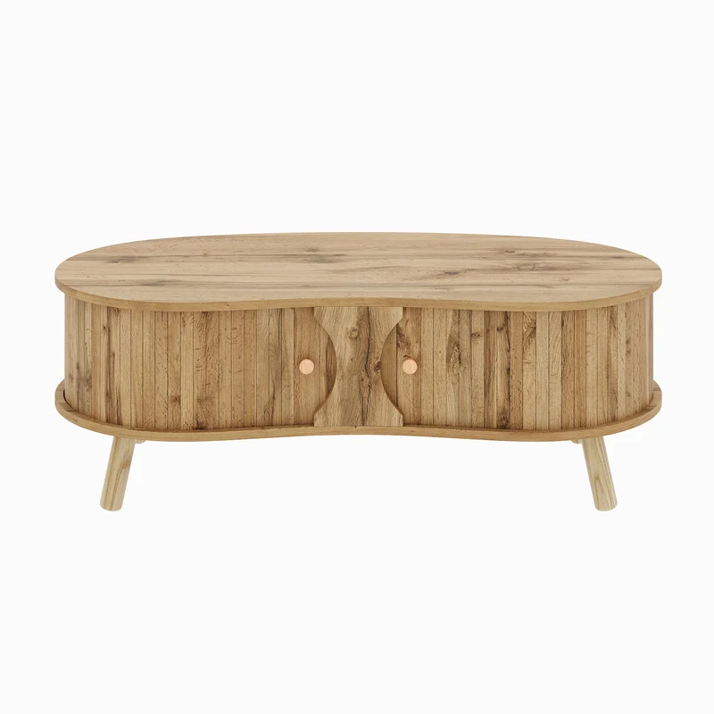 Table basse effet bois naturel design latte 2 portes coulissantes ADJUSTARMOIRE