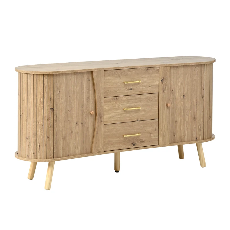 Buffet forme de pois effet bois naturel design latte 2 portes coulissantes 3 tiroirs TITANIUMTRAIL