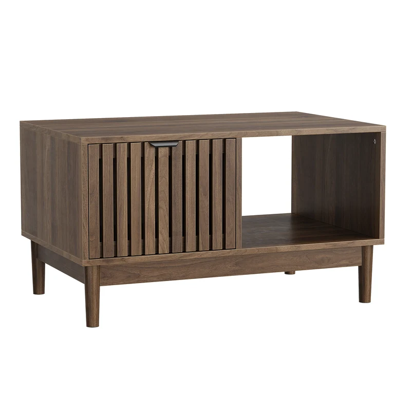 Table basse effet noyer design latte 1 tiroir et niche ouvertes 80x50x45cm ADJUSTWICKERELITE
