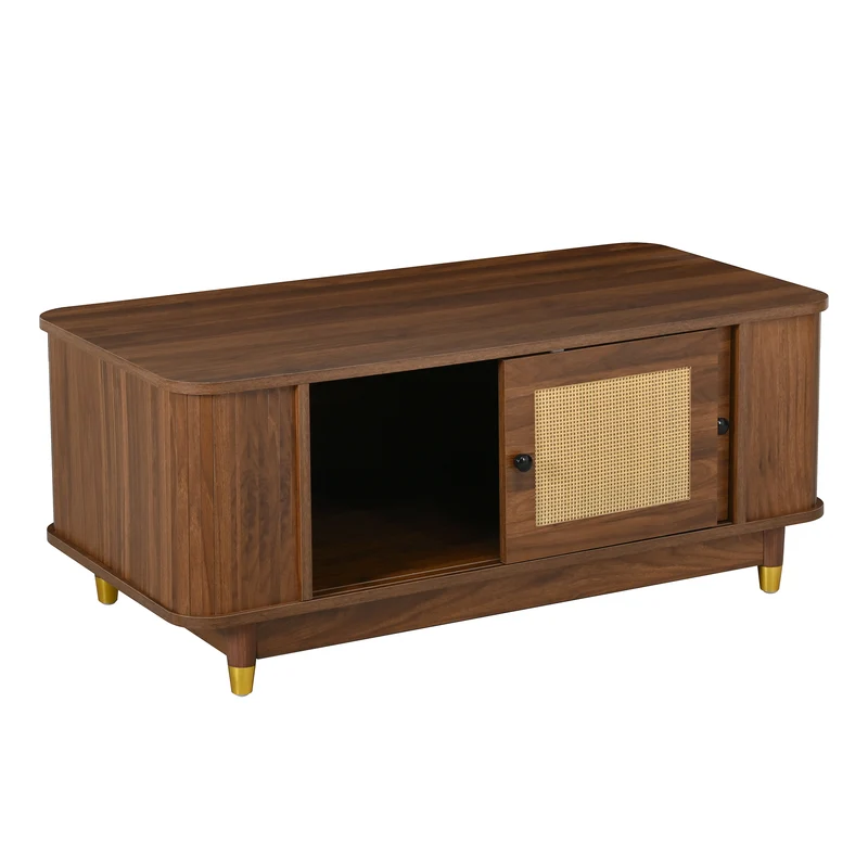 Table basse effet bois noyer avec portes coulissantes en rotin 100x50x42cm ADJUSTCHEST