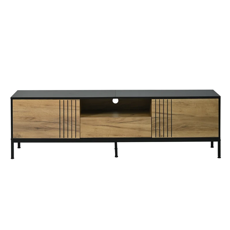 Meuble TV effet chêne 2 portes et 1 tiroir 170x35x50cm ALUMINUMNIGHTSTAND