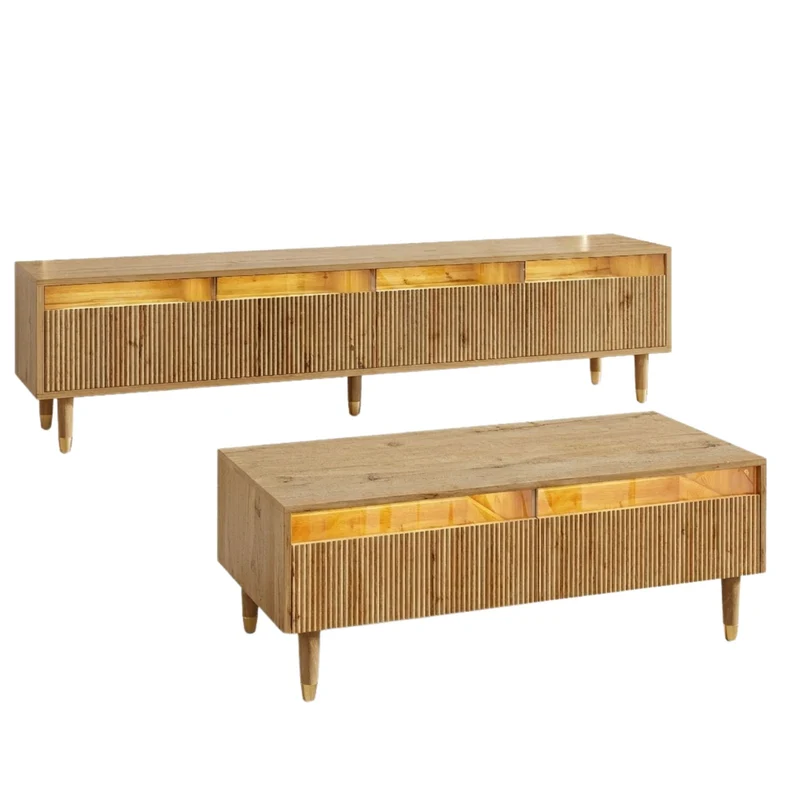 Ensemble meuble TV avec table basse effet bois et éclairage LED 2 pièces COPPERCANYON
