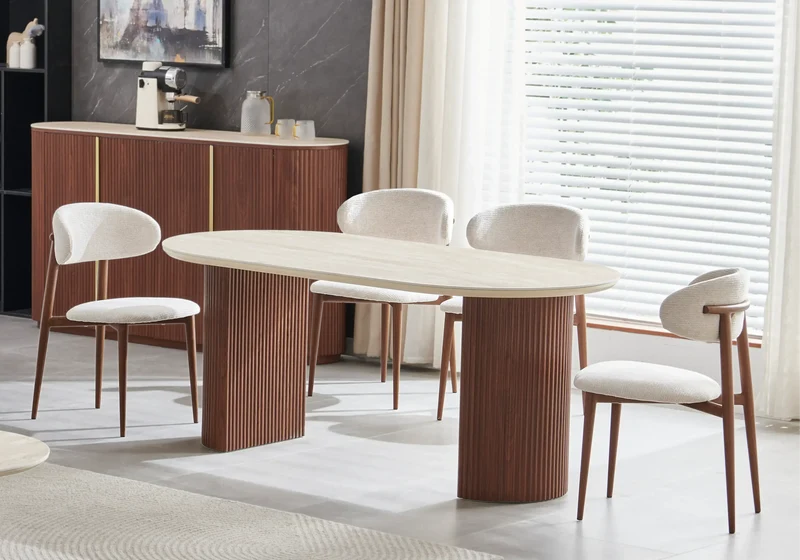 Ensemble table ovale travertin et chaises noyer - Terra