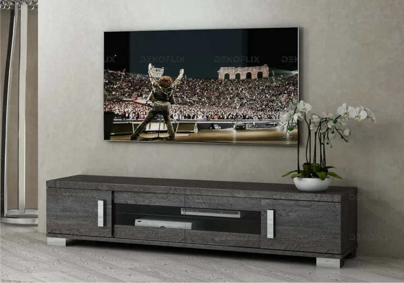 Meuble TV 3 ou 4 portes bouleau gris laqué design - Sarah