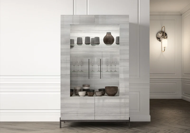 Vitrine 1 ou 2 portes avec LED gris laquée - Mia