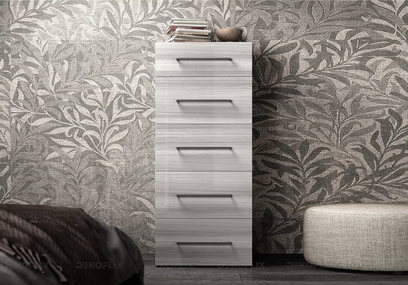 Chiffonnier 5 tiroirs gris argent laqué design - Mia