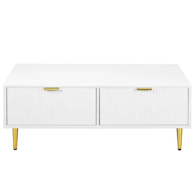 Table basse blanche moderne avec poignées et pieds dorés 2 tiroirs design à rayures verticales STRUX WHITE