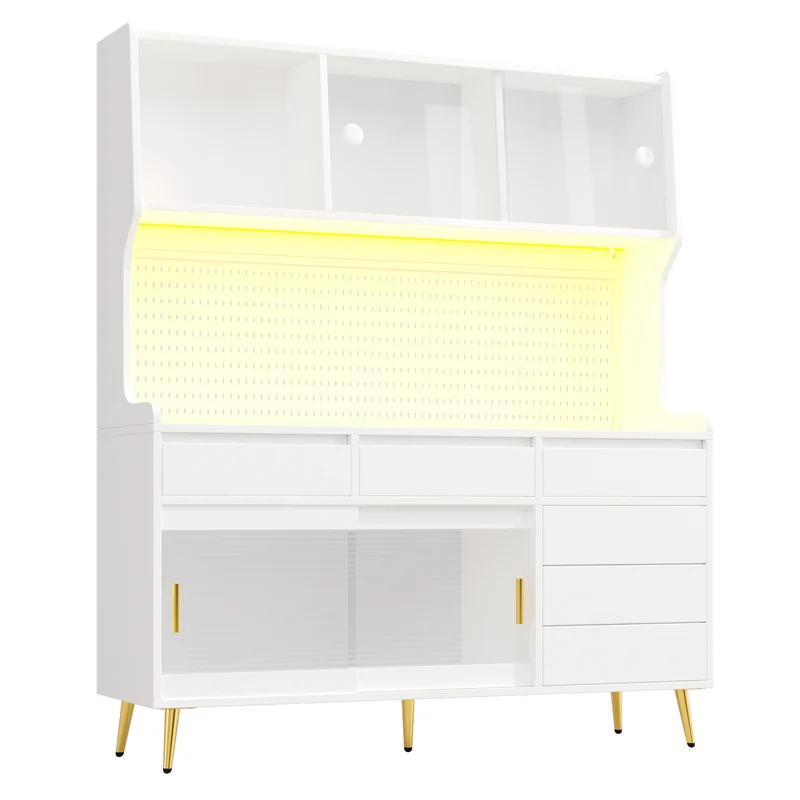 Vaisselier de cuisine blanc avec LED, contrôle App, verre trempé détails dorés 145x39x171cm RIFTMORKYNOR