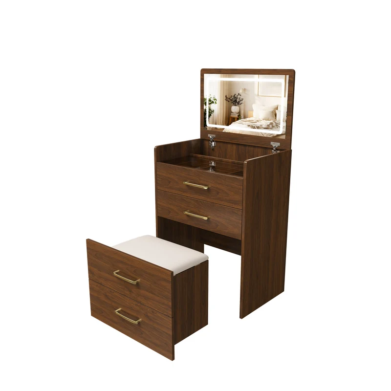 Coiffeuse compacte 3-en-1 effet noyer, miroir ouvert, 2 tiroirs tabouret 60x40x118cm VERTEXKAELISYN