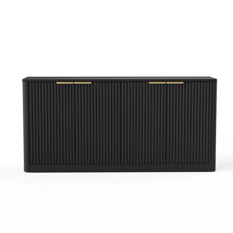 Buffet noir 4 portes façade ondulé et détails dorés 150x40x70,5cm VERTEXZYNTHYN