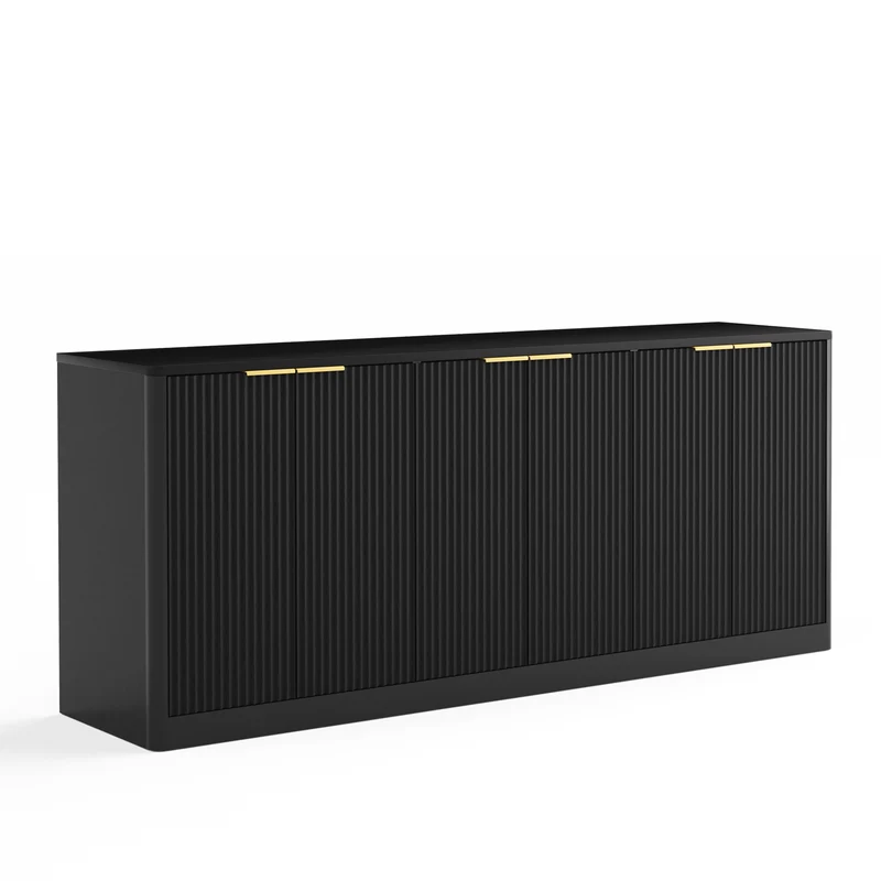 Buffet noir 6 portes façade ondulé et détails dorés 170x40x70,5cm VERTEXKRYOSYNOR