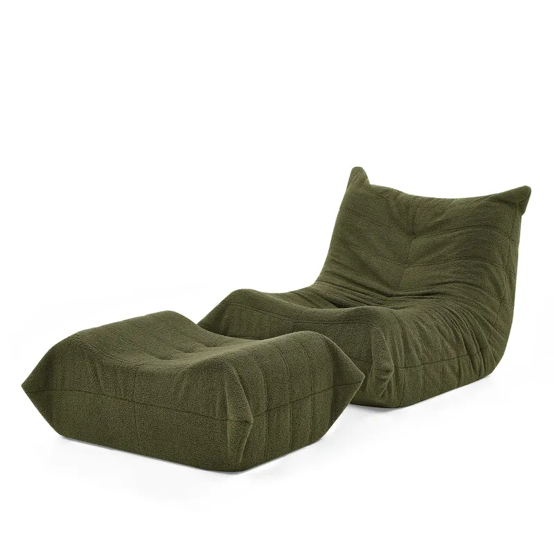 Fauteuil Lazy en peluche teddy vert avec repose-pieds, mousse haute densité VERTEXRYLATHYN