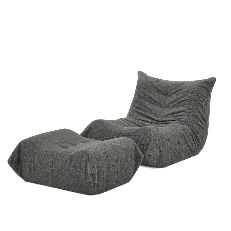 Fauteuil Lazy en peluche teddy gris avec repose-pieds, mousse haute densité VERTEXMORKYNATH