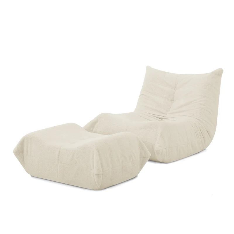 Fauteuil Lazy en peluche teddy beige avec repose-pieds, mousse haute densité VERTEXVALTHYNOR