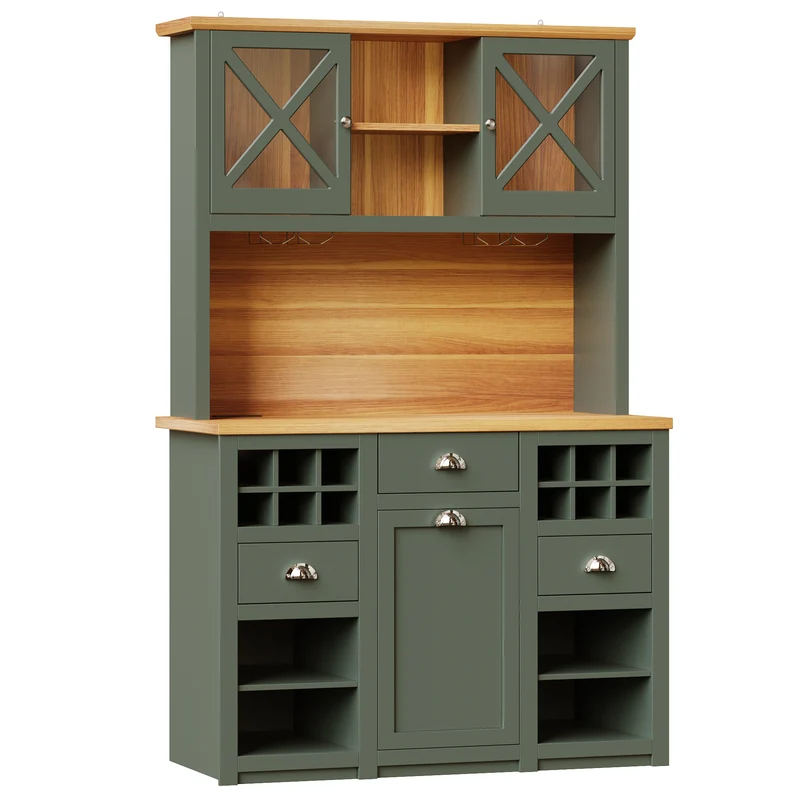Vaisselier de cuisine vert antique éclairage LED et prises 120x45x188cm RIFTVORNATHOR