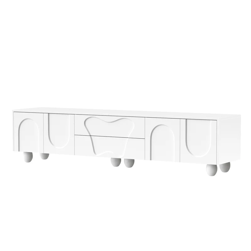 Meuble TV blanc 4 portes géométriques sculptés pieds boules 180*40*42cm RIFTMYRKON