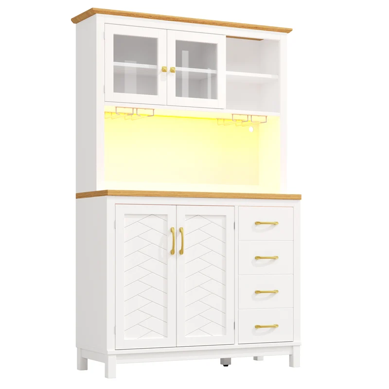 Vaisselier de cuisine effet bois et blanc vitrine design chevrons avec éclairage LED 105,5x40x180cm RIFTZYNTHYN