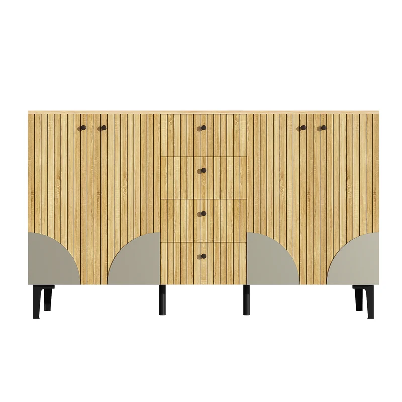 Buffet effet bois avec 4 portes cannelées 4 tiroirs 160x36x94cm RIFTKAELISYN