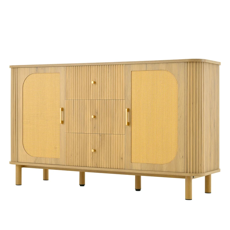 Buffet effet bois naturel style bohème cannelées et rotin, détails dorés 140x40x80cm RIFTVYNRAK