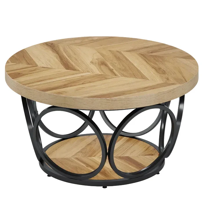 Table basse ronde effet bois avec motif chevron design d'anneaux entrelacés métallique 80x80x43cm VERTEXSYLTH