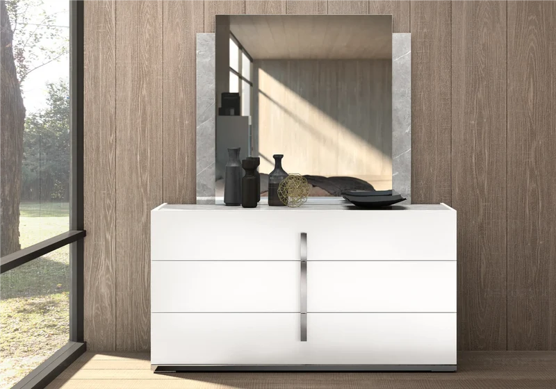 Commode 3 tiroirs blanc laqué marbre gris - Mara
