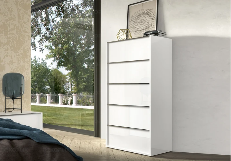 Chiffonnier 5 tiroirs blanc laqué moderne - Luna