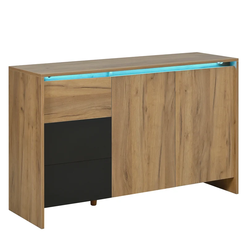 Buffet effet bois et noir 3 tiroirs, 2 portes avec éclairage LED 120x76x40cm ALUMINUMLAMP