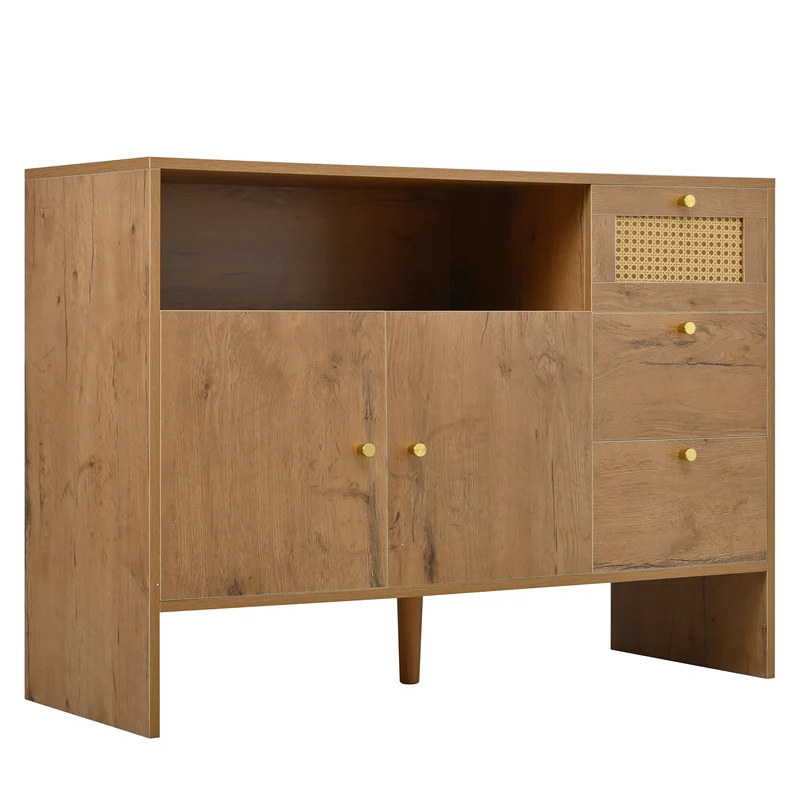 Buffet effet bois naturel avec rotin, portes, tiroirs et poignées dorées 105x40x76cm ALUMINUMPANEL