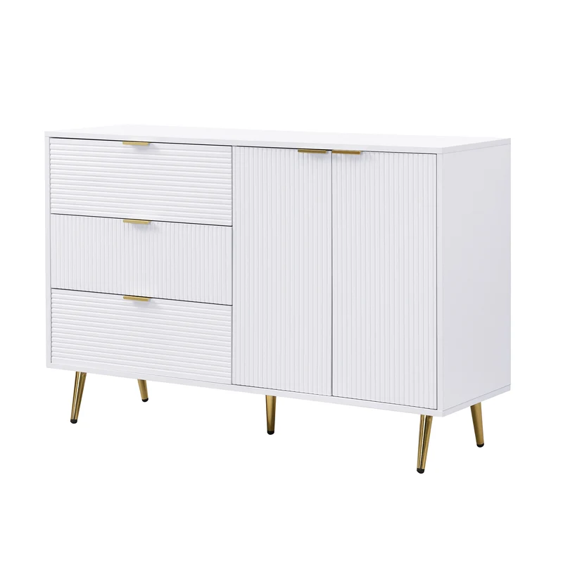 Buffet blanc élegant design ondulé détails dorés 120x38x80,5 cm ADJUSTBED