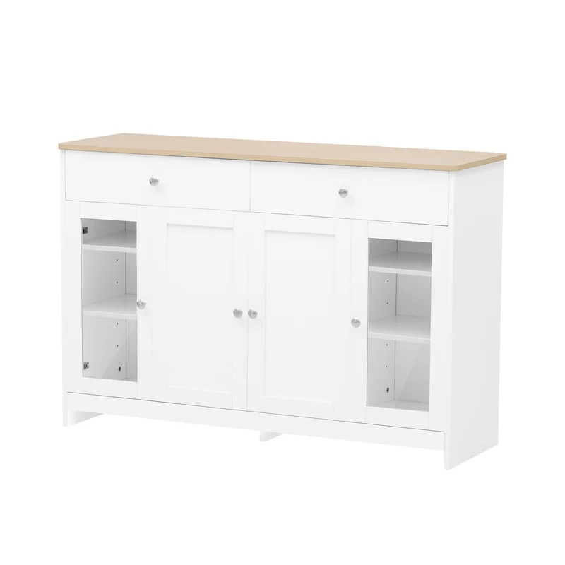 Buffet blanc effet bois clair 4 portes 2 tiroirs 120x37x80cm ADJUSTOAKELITE